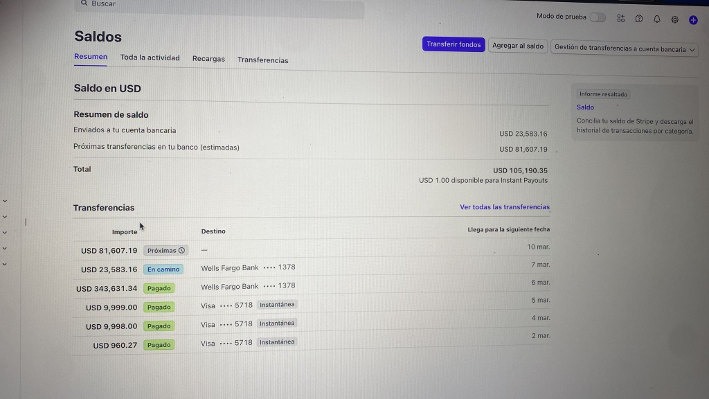 Stripe balance dashboard - Processed transactions